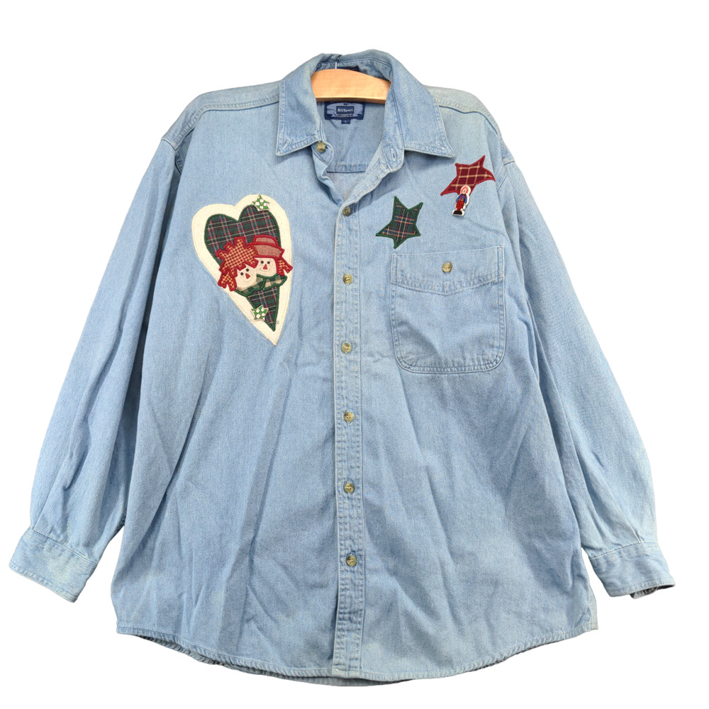 Real Good Denim Men's Button Down Shirt Blue Large Long Sleeve Patches Vintage